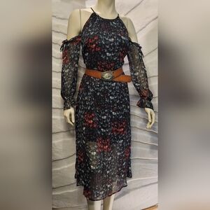 1. STATE Green Red Shimmer Floral Cold Shoulder Sleeve Dress Womens Size XSmall